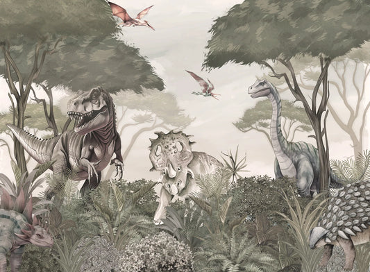 Papel tapiz infantil con diseño de dinosaurios en tonos verde sabio, beige y gris en un bosque prehistórico ilustrado.
