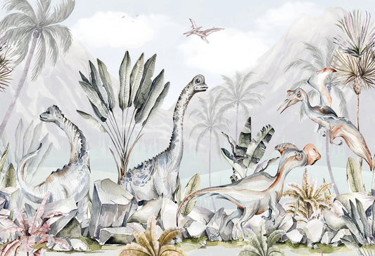 Papel tapiz infantil con dinosaurios ilustrados en acuarela, tonos verde salvia y gris