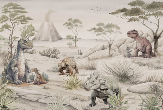Papel tapiz con paisaje prehistórico de dinosaurios y volcán en tonos beige y verde salvia.