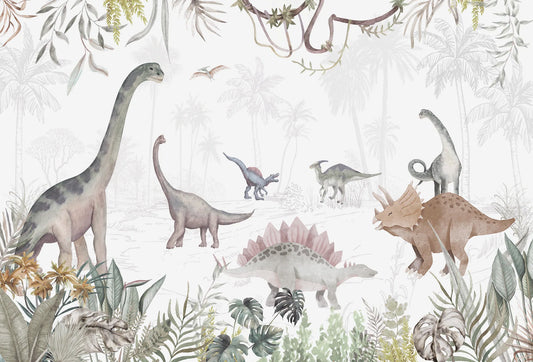 Papel tapiz mural infantil con tiernos dinosaurios y palmeras tropicales en tonos verde salvia y beige