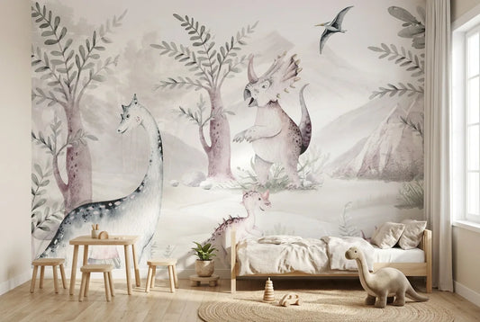 Papel tapiz Dinosterra instalado en una habitación infantil
