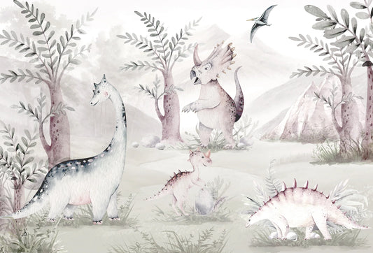 Papel tapiz mural infantil con tiernos dinosaurios y árboles en tonos pastel y verde salvia.