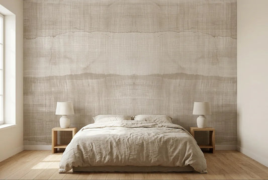 Papel tapiz Drille Textura instalado en un dormitorio sereno