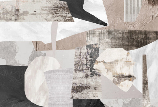 Papel tapiz mural abstracto de estilo collage con texturas de cemento en tonos beige, gris y negro.