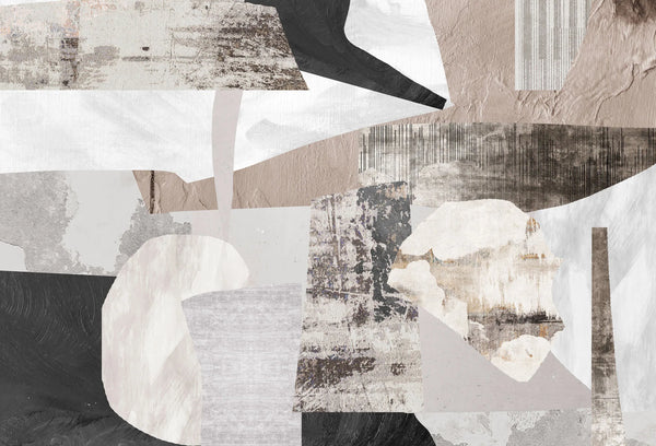 Papel tapiz mural abstracto de estilo collage con texturas de cemento en tonos beige, gris y negro.