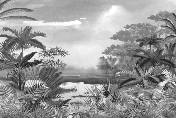 Papel tapiz mural con paisaje botánico de palmeras y selva tropical en escala de grises