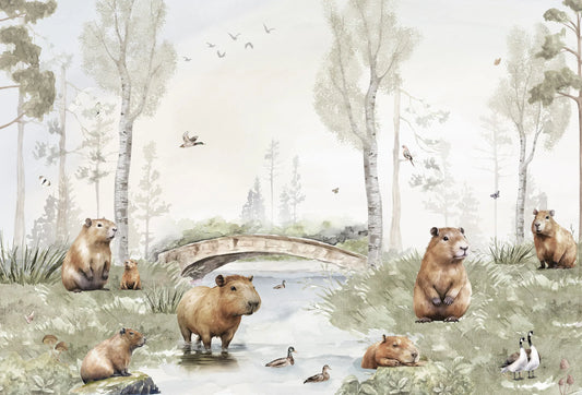Papel tapiz infantil con paisaje de río en acuarela, puente de piedra y tiernos capibaras