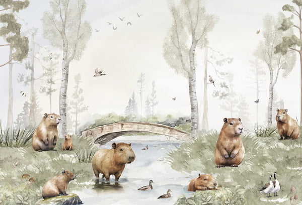 Papel tapiz infantil con paisaje de río en acuarela, puente de piedra y tiernos capibaras