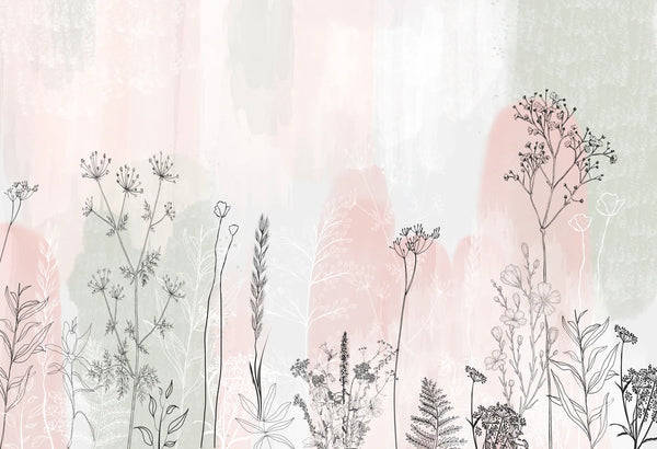 Papel tapiz Emma con ilustraciones de flores silvestres sobre fondo acuarela en tonos rosa pastel y verde salvia.