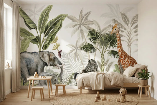 Papel tapiz Encuentro Safari instalado en una habitación infantil
