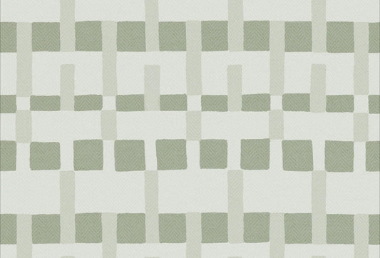 Papel tapiz con patrón geométrico entrelazado de textura textil en tonos verde menta y blanco suave para pared.
