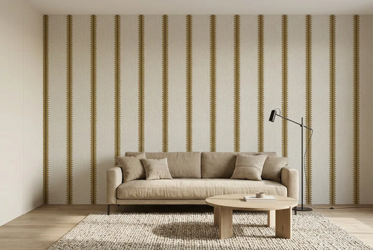 Papel tapiz Espiga Mostaza instalado en una sala de estar minimalista