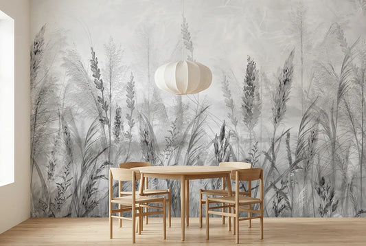 Papel tapiz Espigas Gris instalado en un comedor luminoso