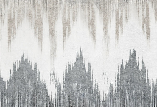 Papel tapiz mural abstracto con texturas verticales en degradé de tonos gris, arena y blanco.