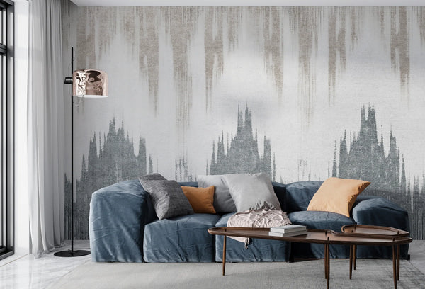 Papel tapiz mural abstracto con texturas verticales en degradé gris y beige sobre pared de sala moderna