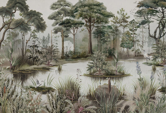 Papel tapiz mural estilo acuarela con paisaje de esteros, árboles frondosos, juncos y aves en tonos verdes y tierra.