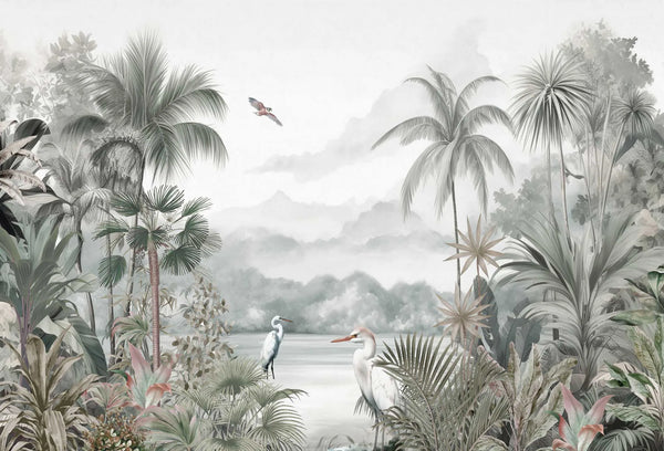 Papel tapiz mural con paisaje tropical brumoso, palmeras y garzas en tonos verde salvia y gris