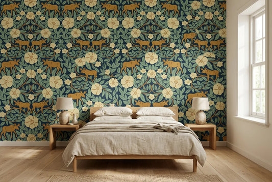 Papel tapiz Fauna Heritage instalado en un dormitorio sereno