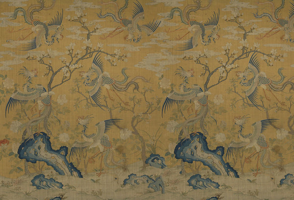 Papel tapiz estilo Chinoiserie con aves fénix sobre fondo dorado y rocas azules