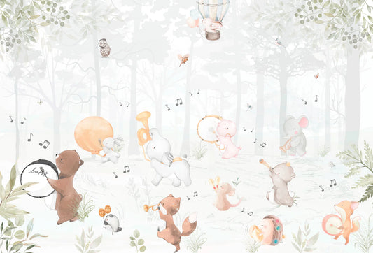 Papel tapiz infantil con tiernos animales músicos en un bosque en tonos pastel y acuarela.