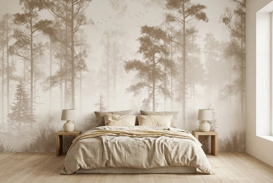 Papel tapiz Ficuzza Sepia instalado en un dormitorio sereno