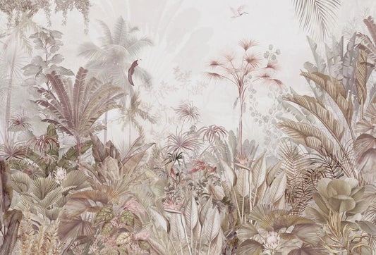 Papel tapiz mural estilo botánico tropical en tonos beige y rosa empolvado con palmeras y aves