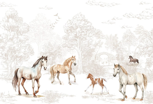 Papel tapiz mural con caballos y potrillo sobre paisaje campestre ilustrado en tonos beige y neutros.
