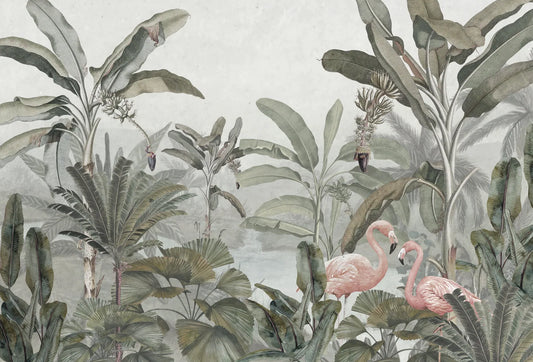 Papel tapiz mural con flamencos rosados entre palmeras y bananeros en tonos verde salvia vintage