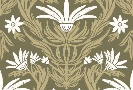 Papel tapiz con patrón botánico grabado de flores blancas y hojas sobre fondo verde oliva