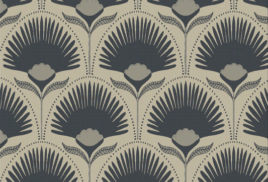Papel tapiz con estampado floral en abanico estilo art déco en gris grafito sobre fondo beige con textura