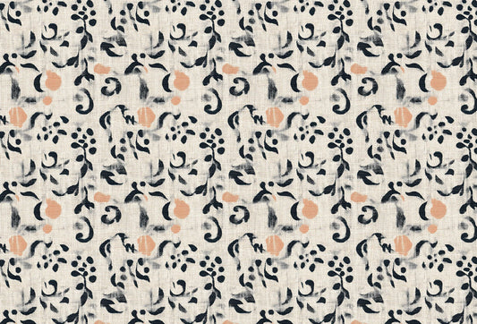 Papel tapiz con patrón floral rústico en pinceladas negro carbón y terracota sobre fondo beige tipo lino.