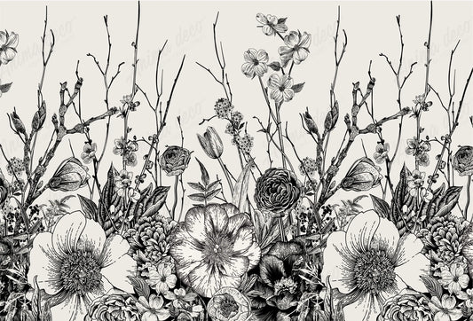 Papel tapiz mural con grabado botánico de flores silvestres y ramas en tinta negra sobre fondo claro.