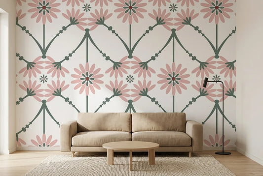 Papel tapiz Flora Rosé instalado en una sala de estar minimalista