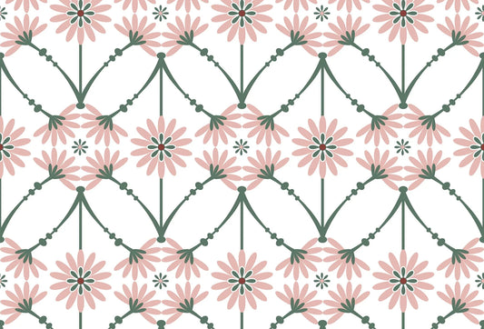Papel tapiz con patrón floral simétrico de margaritas rosas y tallos verde salvia sobre fondo blanco.