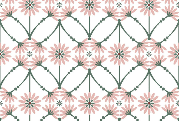 Papel tapiz con patrón floral simétrico de margaritas rosas y tallos verde salvia sobre fondo blanco.
