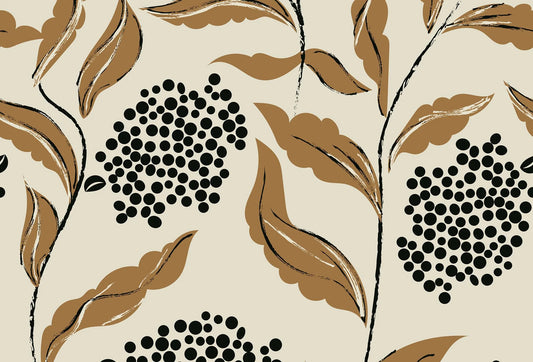 Papel tapiz con hojas estilizadas en tono ocre y racimos de puntos negros sobre fondo crema cálido.