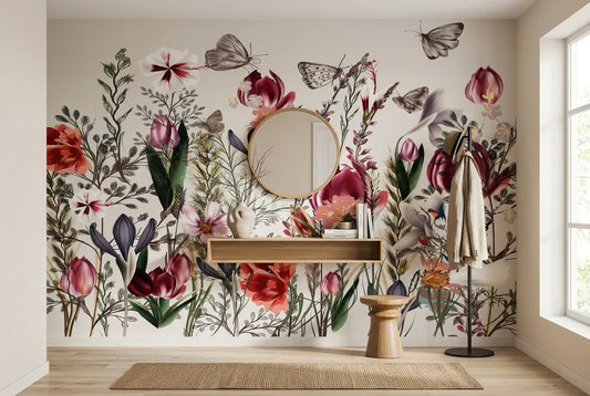 Papel tapiz Flora Silvestre instalado en un recibidor de estilo nórdico