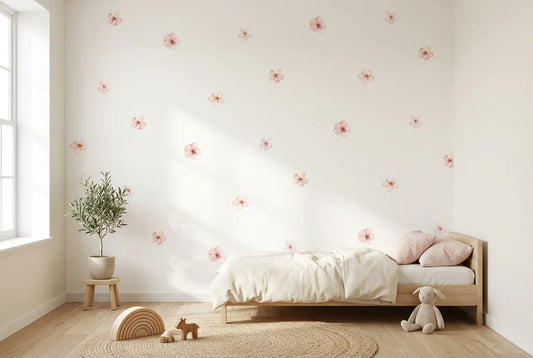 Papel tapiz Florcitas Pink instalado en una habitación infantil