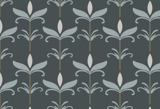 Papel tapiz con patrón floral simétrico estilizado en tonos azul grisáceo sobre fondo gris carbón