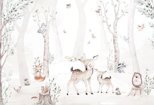 Papel tapiz mural infantil con ciervos, zorro y animales del bosque en suave acuarela beige y crema.