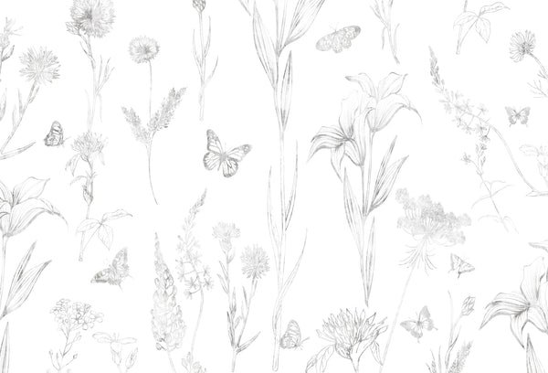 Papel tapiz botánico con boceto a lápiz de flores silvestres y mariposas en tonos gris y blanco.