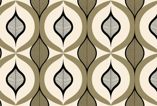 Papel tapiz con patrón geométrico retro de hojas estilizadas y medallones en verde oliva, crema y negro