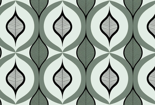 Papel tapiz con patrón geométrico orgánico de hojas estilizadas en tonos verde salvia, blanco y negro.