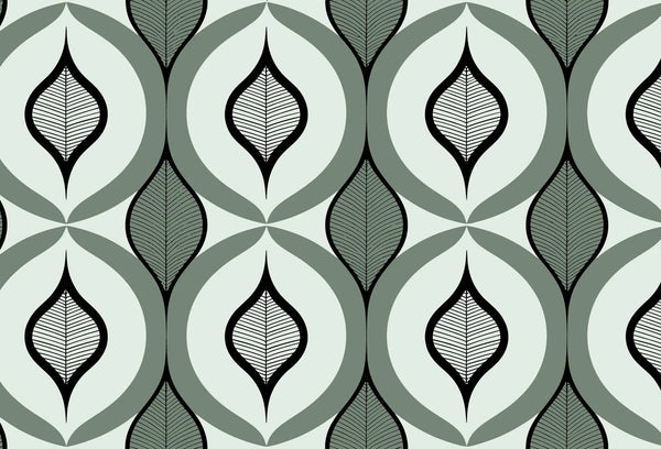 Papel tapiz con patrón geométrico orgánico de hojas estilizadas en tonos verde salvia, blanco y negro.