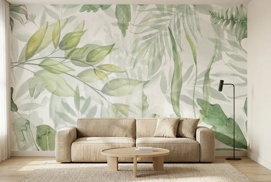 Papel tapiz Follaje Acuarela instalado en una sala de estar minimalista