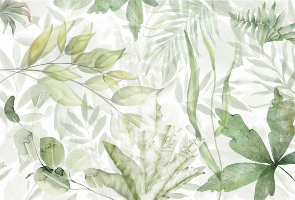 Papel tapiz con estampado botánico de hojas y helechos en acuarela verde salvia y blanco