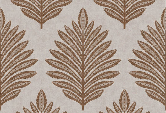 Papel tapiz con diseño botánico de hojas estilizadas en tono chocolate sobre fondo beige texturizado.