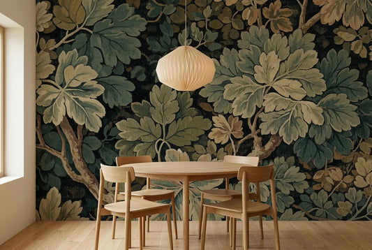 Papel tapiz Follaje Heritage instalado en un comedor luminoso