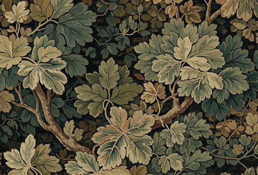 Papel tapiz con diseño botánico estilo tapiz medieval en hojas verde salvia, oliva y ramas marrones sobre fondo oscuro