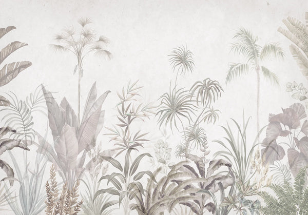 Papel tapiz con mural botánico de palmeras y follaje tropical en tonos neutros beige y gris suave.